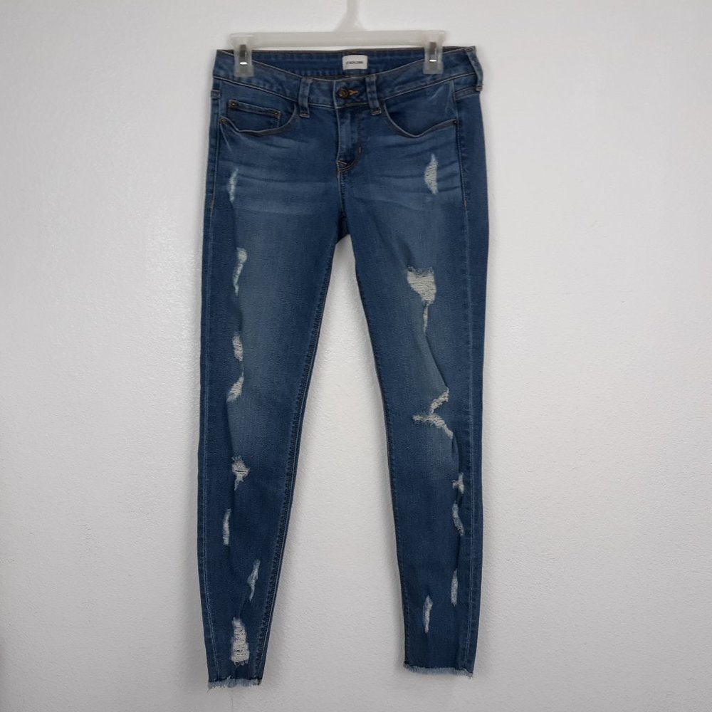 Sneak Peek Low Rise Jeans Juniors Size 5 Distressed Raw Hem Medium Wash Blue